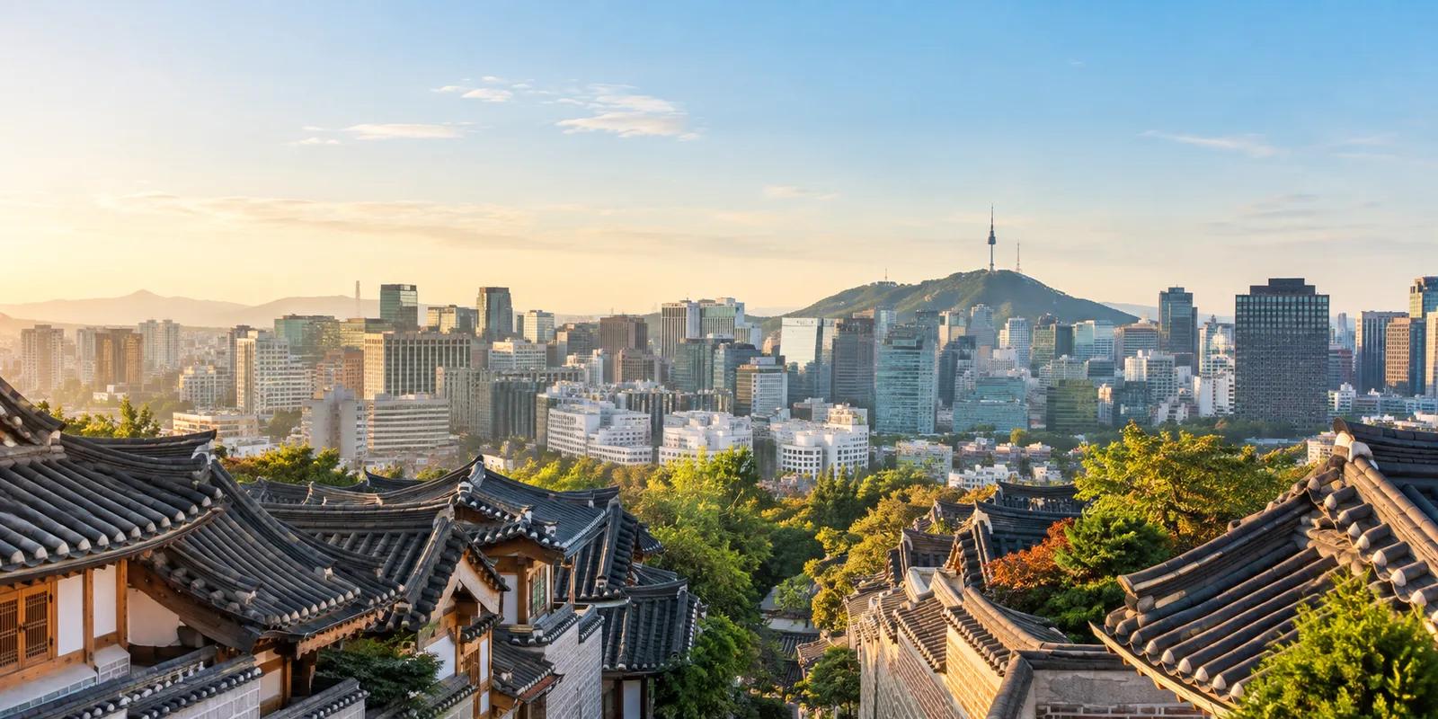 Illustrative Seoul cityscape with traditional hanok rooftops, modern buildings and Namsan