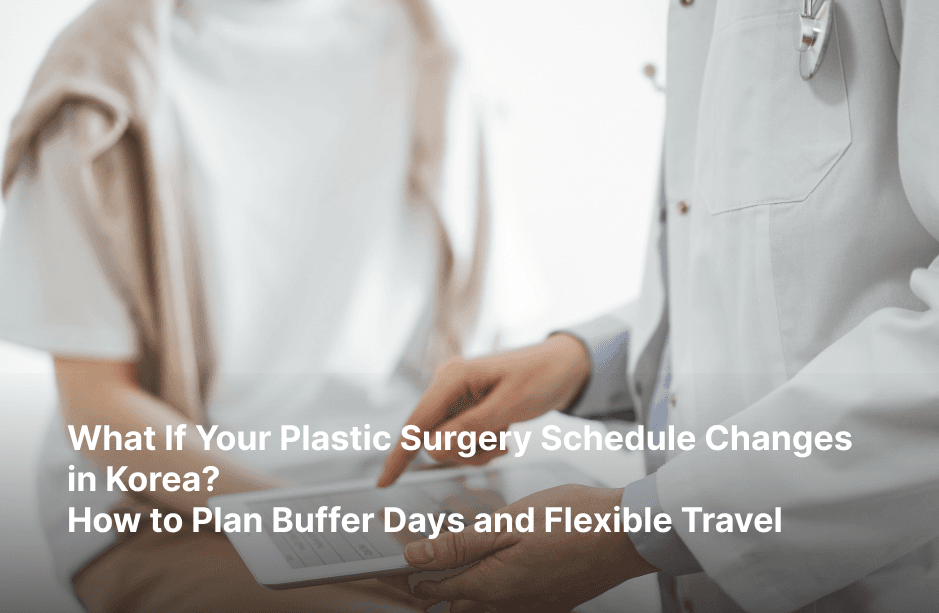 A doctor in a white coat points to a tablet beside a seated woman. White text reads: “What If Your Plastic Surgery Schedule Changes in Korea? How to Plan Buffer Days and Flexible Travel.”