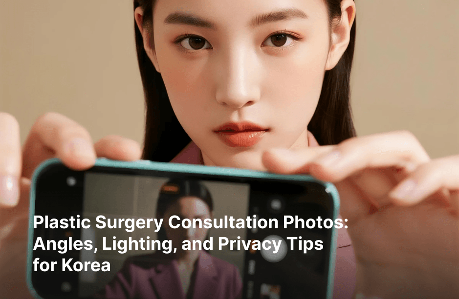 An AI-generated image of a woman holding a smartphone horizontally, with a title about consultation photo angles, lighting, and privacy for Korea