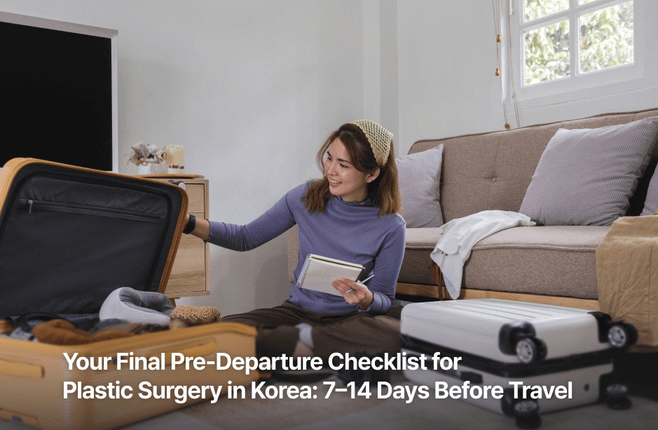 Woman holding a notebook beside open luggage, with a title introducing a final checklist for the 7–14 days before traveling to Korea for plastic surgery.